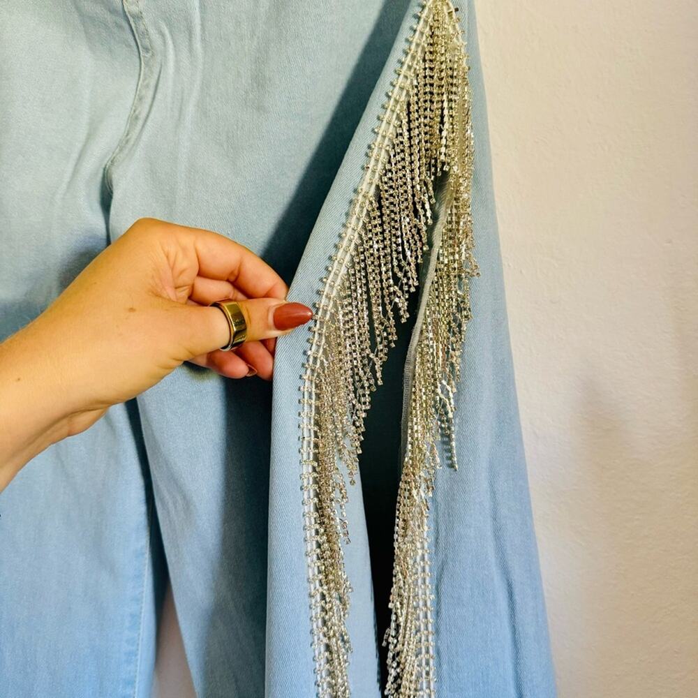 NEW Light Wash Stretch Denim Rhinestone Crystal Fringe Tassel Split Leg Jeans L - Picture 4 of 14